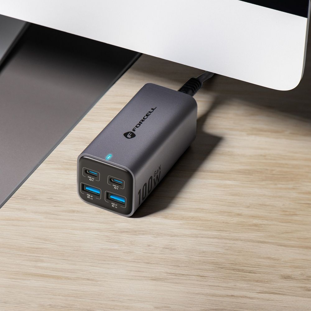 FORCELL F-ENERGY GaN III VT-51 asztali töltő 2 x Type C + 2 x USB A PD QC4.0 SFC2.0 5A 100W szürke-1