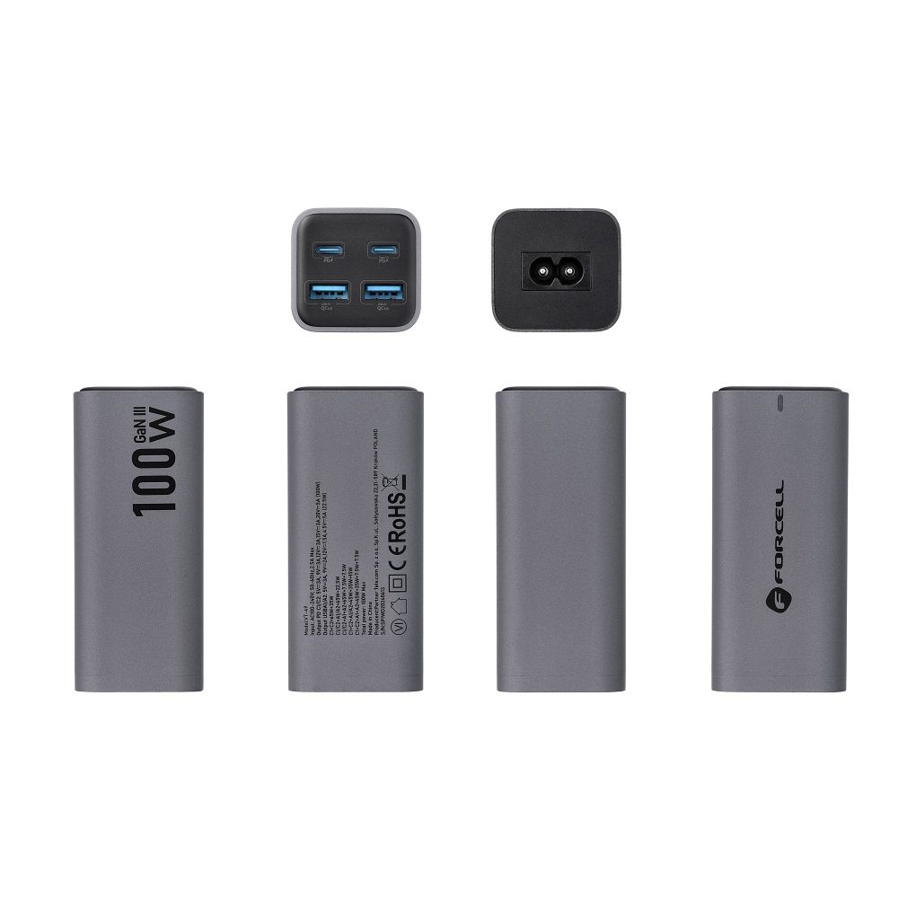 FORCELL F-ENERGY GaN III VT-51 asztali töltő 2 x Type C + 2 x USB A PD QC4.0 SFC2.0 5A 100W szürke-6