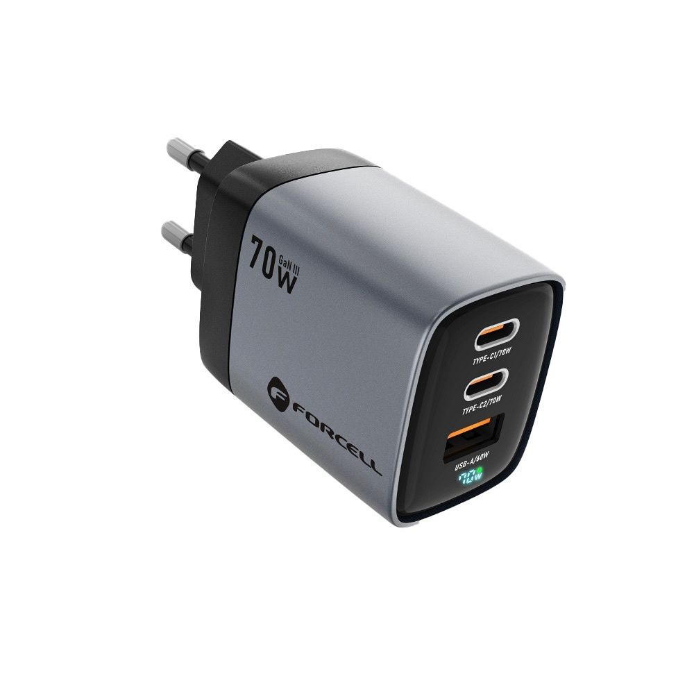 FORCELL F-ENERGY GaN III VT-37 fali utazó töltő LCD kijelzővel 2 x Type C + USB A PD QC4.0 SAM SFC2.0 3,45A 70W szürke-0