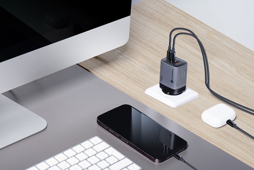 FORCELL F-ENERGY GaN III VT-37 fali utazó töltő LCD kijelzővel 2 x Type C + USB A PD QC4.0 SAM SFC2.0 3,45A 70W szürke-8