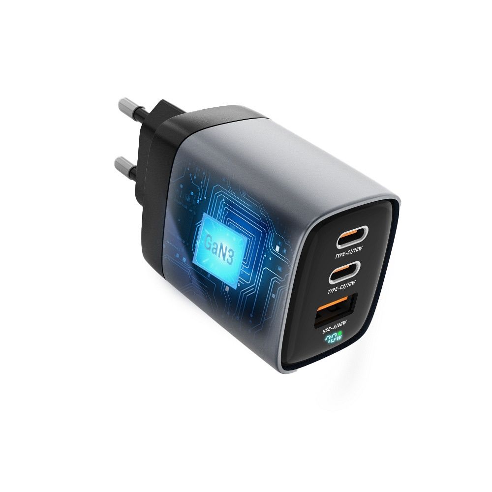 FORCELL F-ENERGY GaN III VT-37 fali utazó töltő LCD kijelzővel 2 x Type C + USB A PD QC4.0 SAM SFC2.0 3,45A 70W szürke-7