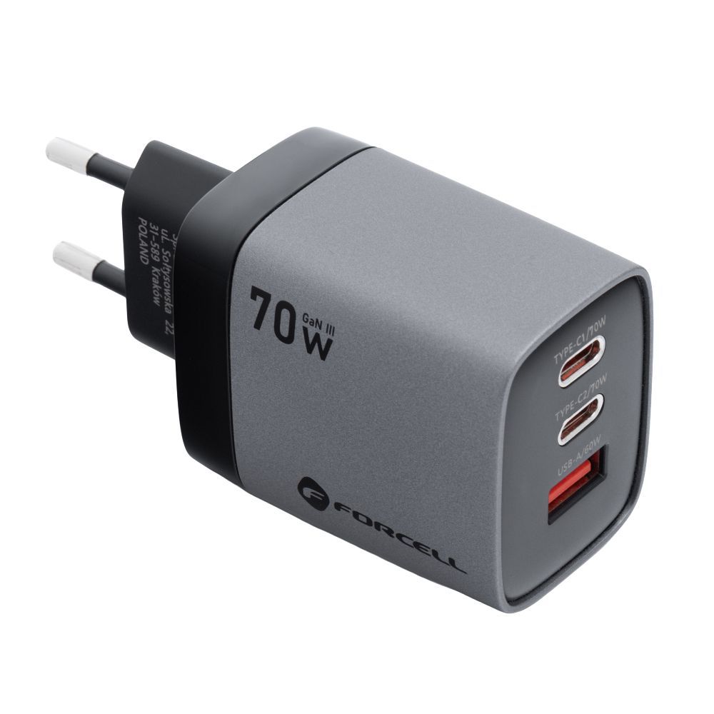 FORCELL F-ENERGY GaN III VT-37 fali utazó töltő LCD kijelzővel 2 x Type C + USB A PD QC4.0 SAM SFC2.0 3,45A 70W szürke-6