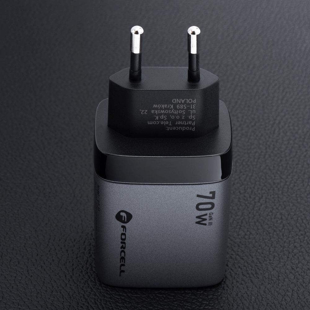 FORCELL F-ENERGY GaN III VT-37 fali utazó töltő LCD kijelzővel 2 x Type C + USB A PD QC4.0 SAM SFC2.0 3,45A 70W szürke-5