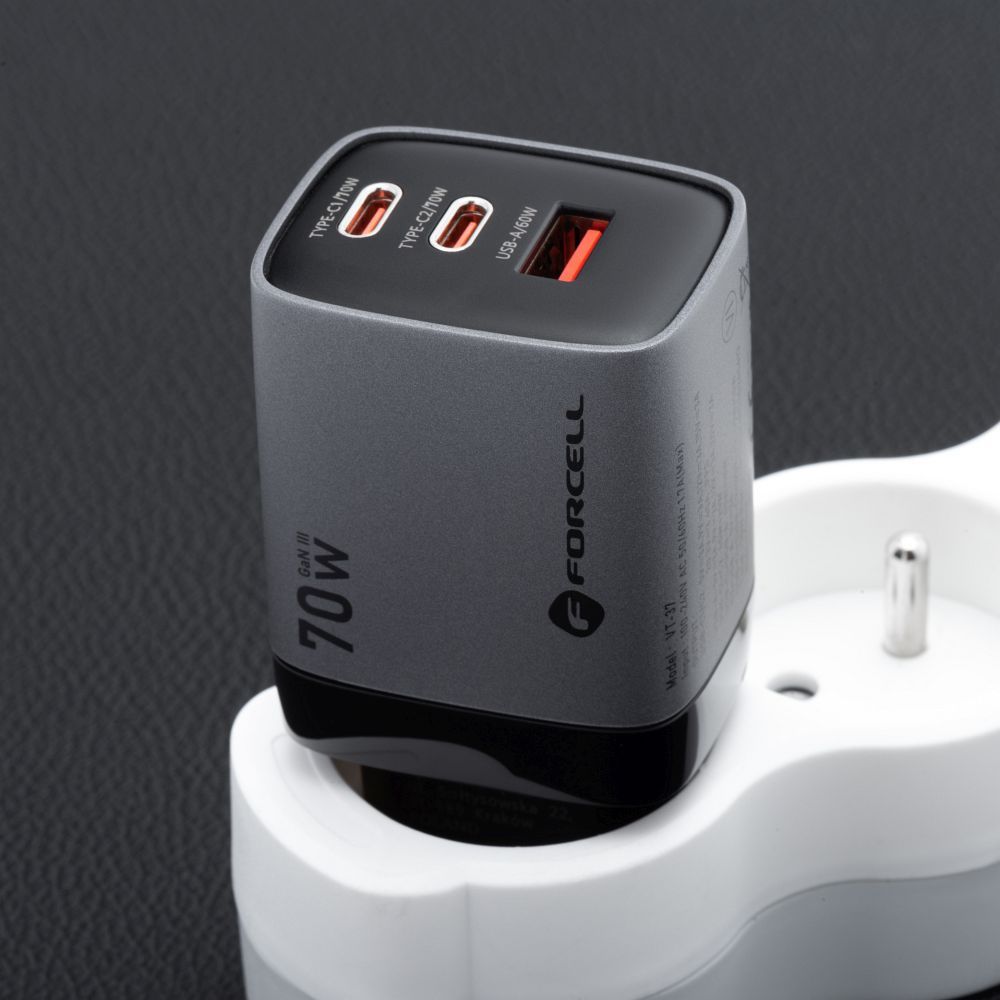 FORCELL F-ENERGY GaN III VT-37 fali utazó töltő LCD kijelzővel 2 x Type C + USB A PD QC4.0 SAM SFC2.0 3,45A 70W szürke-4