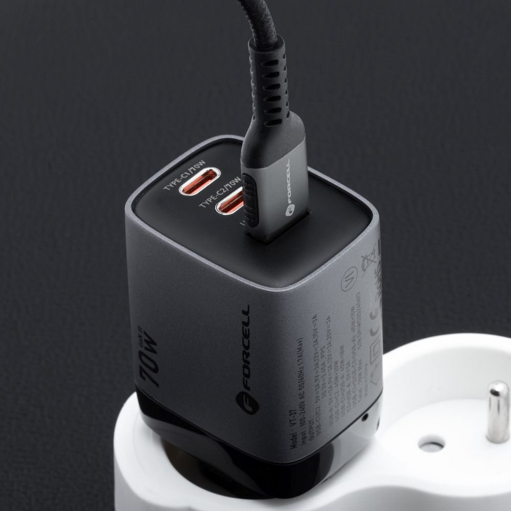 FORCELL F-ENERGY GaN III VT-37 fali utazó töltő LCD kijelzővel 2 x Type C + USB A PD QC4.0 SAM SFC2.0 3,45A 70W szürke-3