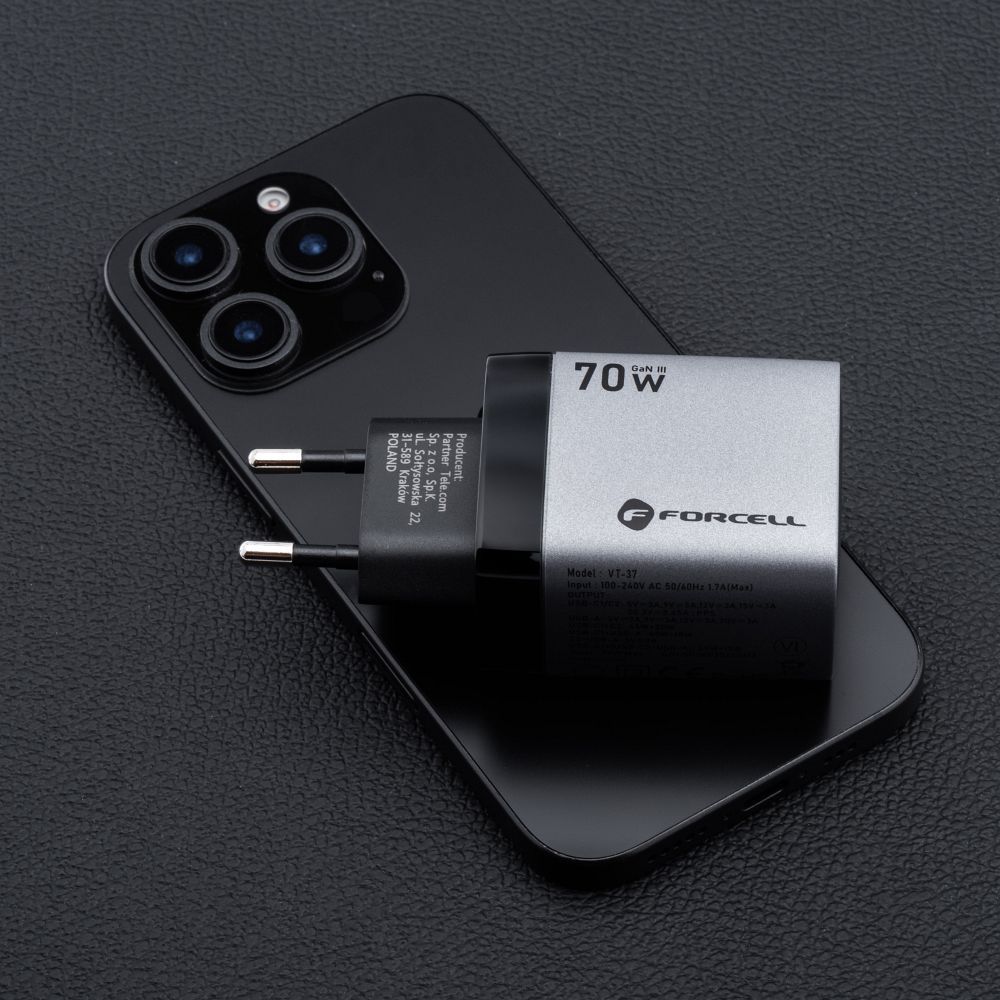FORCELL F-ENERGY GaN III VT-37 fali utazó töltő LCD kijelzővel 2 x Type C + USB A PD QC4.0 SAM SFC2.0 3,45A 70W szürke-10