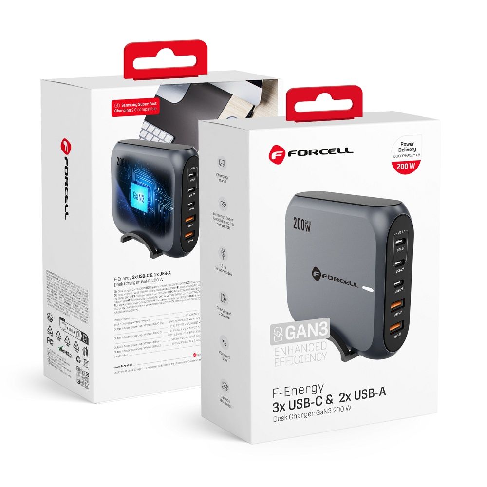 FORCELL F-ENERGY GaN III VT-51 asztali töltő 3 x Typ C + 2 x USB A PD QC4.0 SFC2.0 5A 200W szürke-0