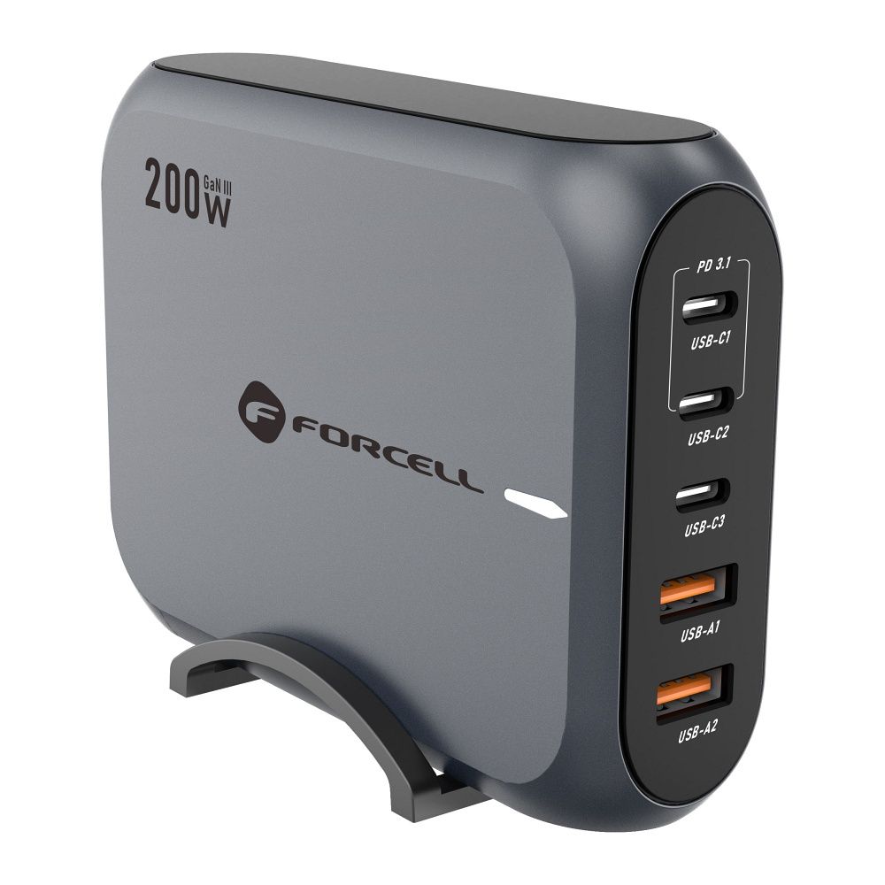 FORCELL F-ENERGY GaN III VT-51 asztali töltő 3 x Typ C + 2 x USB A PD QC4.0 SFC2.0 5A 200W szürke-1