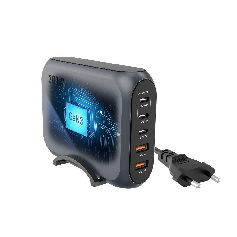 FORCELL F-ENERGY GaN III VT-51 asztali töltő 3 x Typ C + 2 x USB A PD QC4.0 SFC2.0 5A 200W szürke-2
