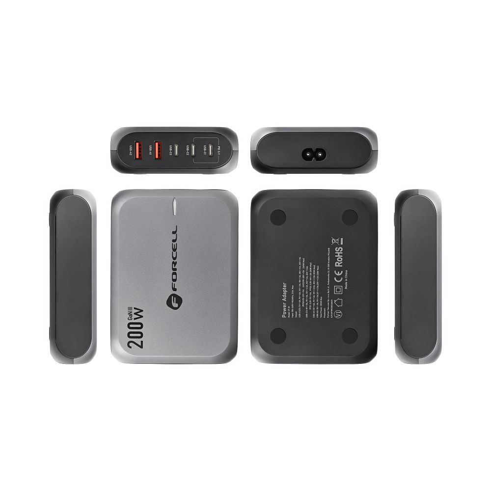 FORCELL F-ENERGY GaN III VT-51 asztali töltő 3 x Typ C + 2 x USB A PD QC4.0 SFC2.0 5A 200W szürke-5