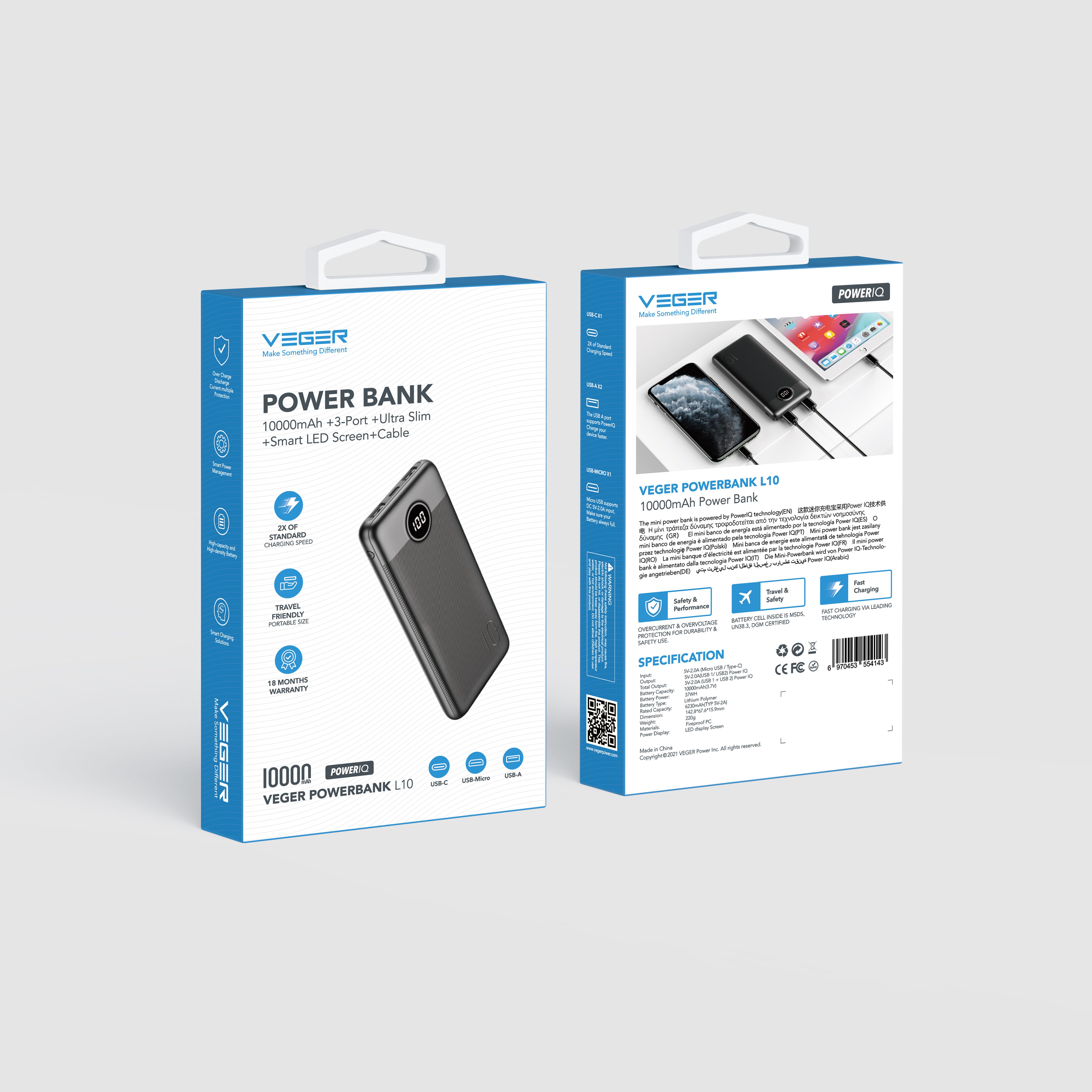 VEGER powerbank 10 000 mAh PD QC3.0 2A 20W L10S (W1105PD) fehér-3