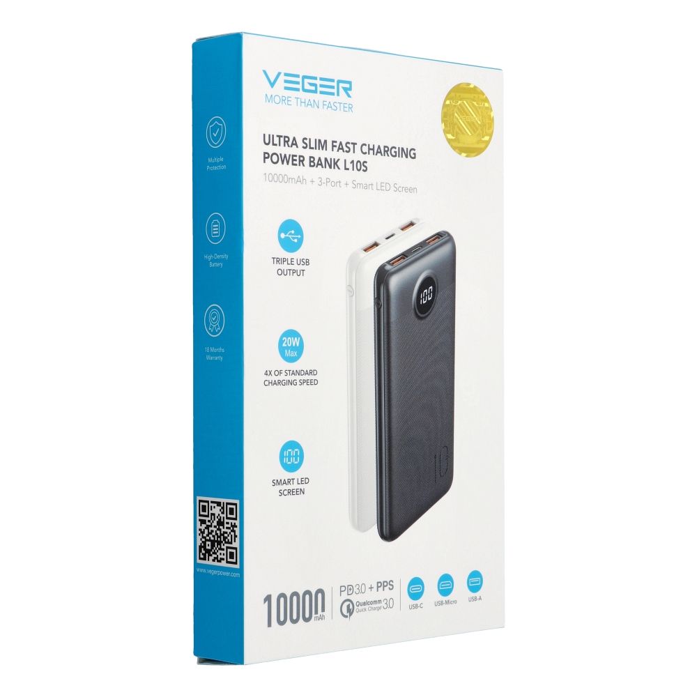 VEGER powerbank 10 000 mAh PD QC3.0 2A 20W L10S (W1105PD) fehér-7