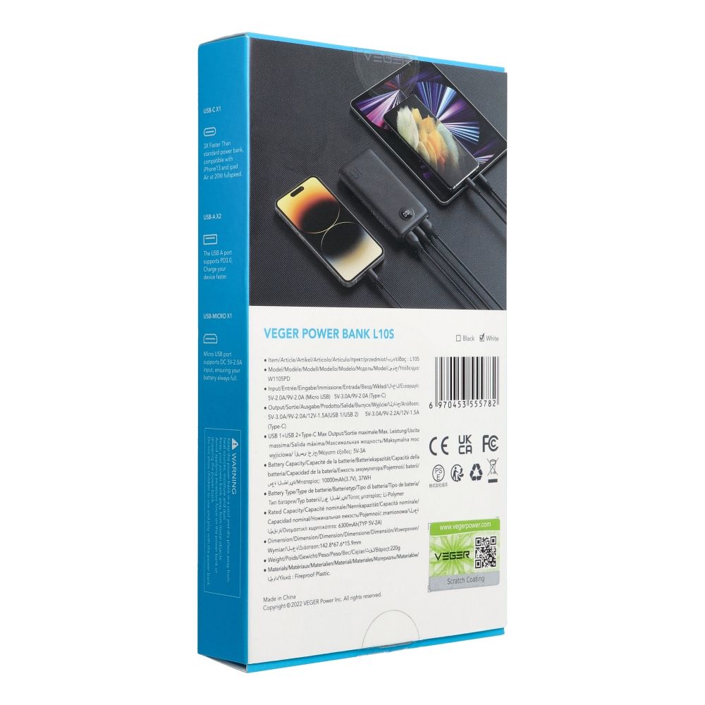 VEGER powerbank 10 000 mAh PD QC3.0 2A 20W L10S (W1105PD) fehér-8