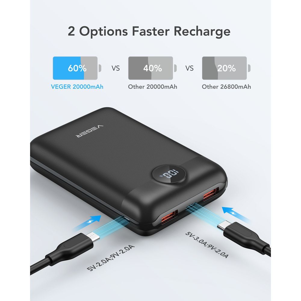 VEGER powerbank 20 000 mAh PD QC3.0 2A 22,5W S20 (W2053) fekete-1
