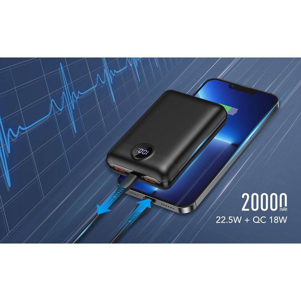 VEGER powerbank 20 000 mAh PD QC3.0 2A 22,5W S20 (W2053) fekete-13
