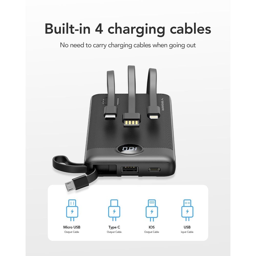 VEGER powerbank 10 000 mAh beépített kábelekkel Micro USB / Type C / Lightning C10 (W1116) fekete-15