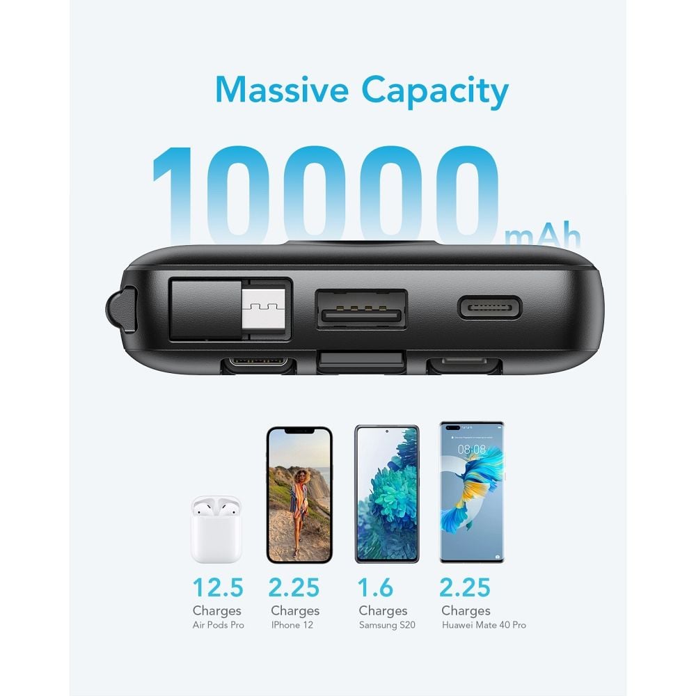 VEGER powerbank 10 000 mAh beépített kábelekkel Micro USB / Type C / Lightning C10 (W1116) fekete-11
