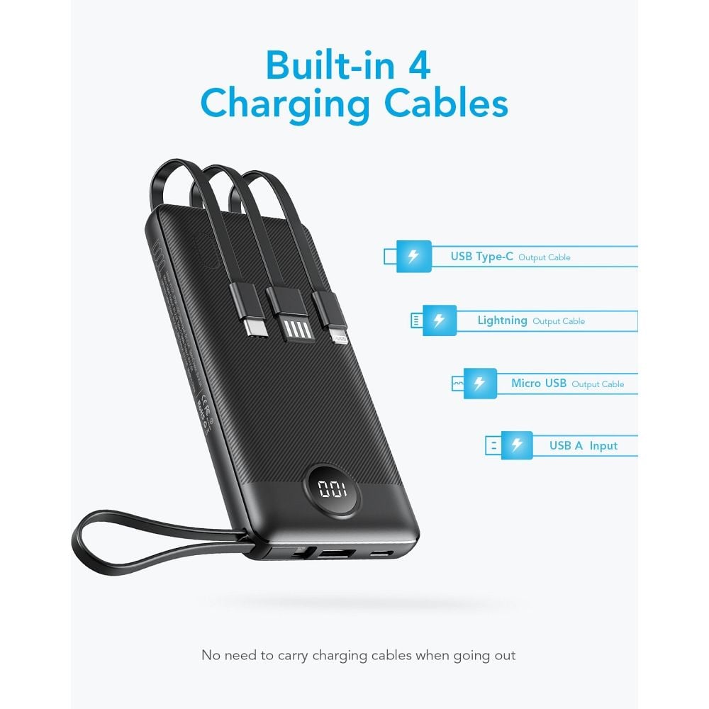 VEGER powerbank 10 000 mAh beépített kábelekkel Micro USB / Type C / Lightning C10 (W1116) fekete-10