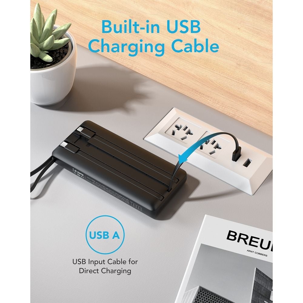 VEGER powerbank 10 000 mAh beépített kábelekkel Micro USB / Type C / Lightning C10 (W1116) fekete-1