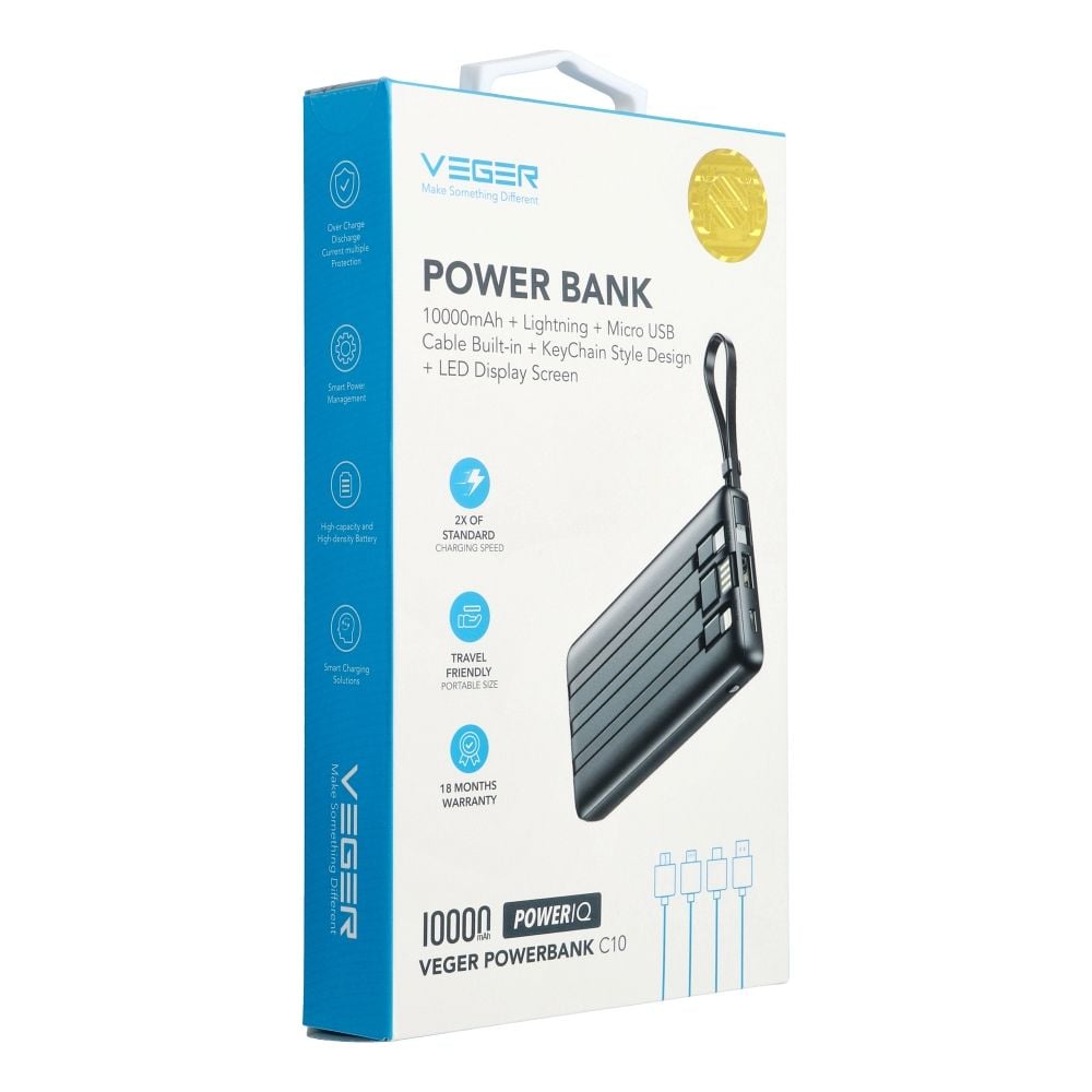 VEGER powerbank 10 000 mAh beépített kábelekkel Micro USB / Type C / Lightning C10 (W1116) fekete-8