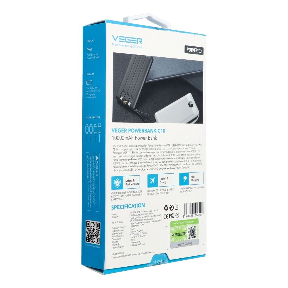 VEGER powerbank 10 000 mAh beépített kábelekkel Micro USB / Type C / Lightning C10 (W1116) fekete-9