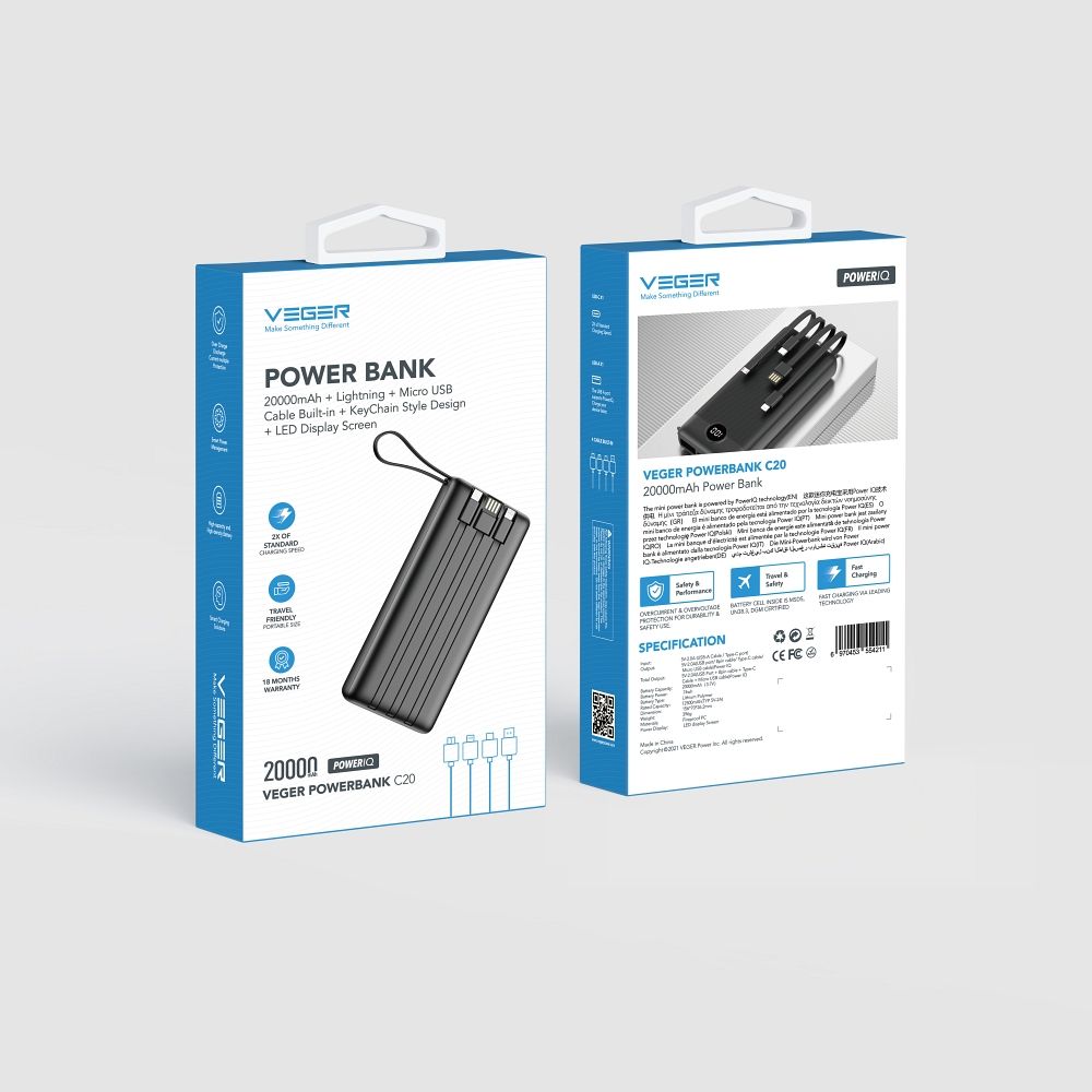 VEGER powerbank 20 000 mAh beépített kábelekkel Micro USB / Type C / Lightning C20 (W2047) fekete-3