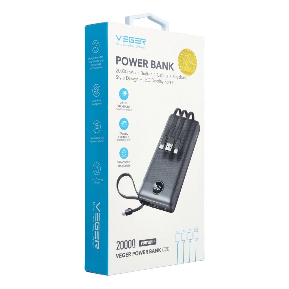 VEGER powerbank 20 000 mAh beépített kábelekkel Micro USB / Type C / Lightning C20 (W2047) fekete-9
