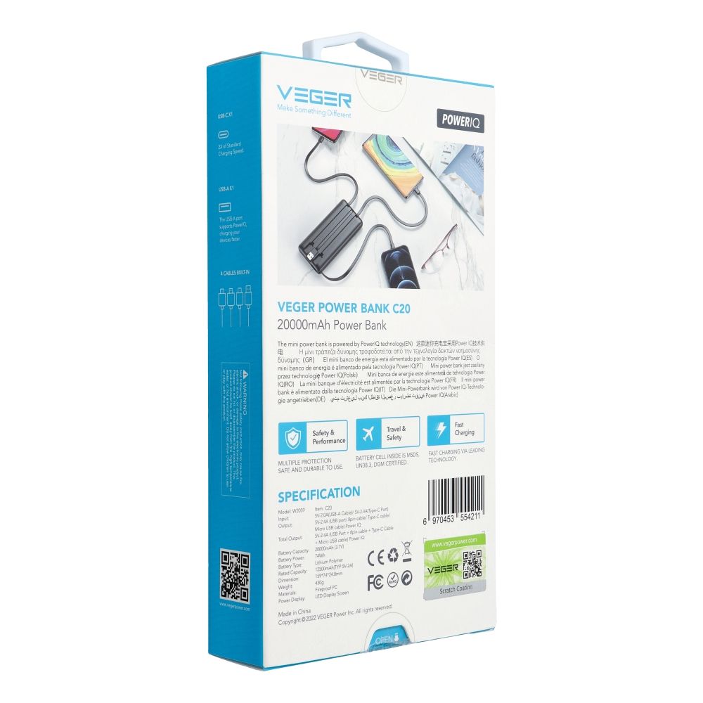VEGER powerbank 20 000 mAh beépített kábelekkel Micro USB / Type C / Lightning C20 (W2047) fekete-22