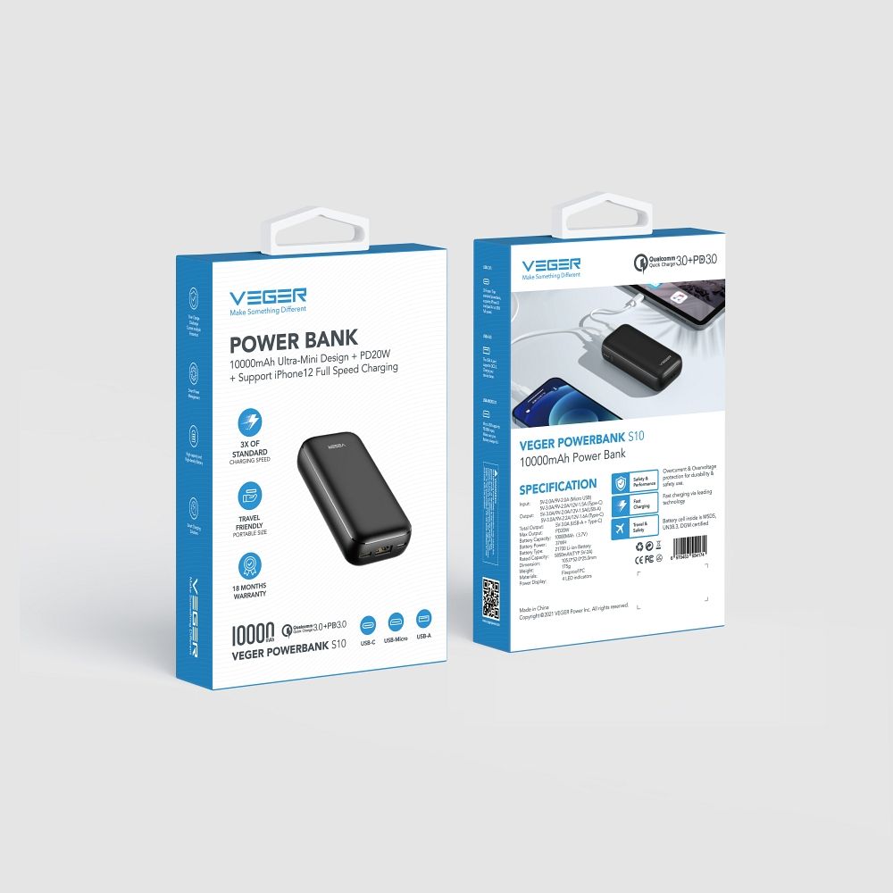 VEGER powerbank 10 000 mAh PD QC3.0 3A 20W S10 (W1135) fekete-9