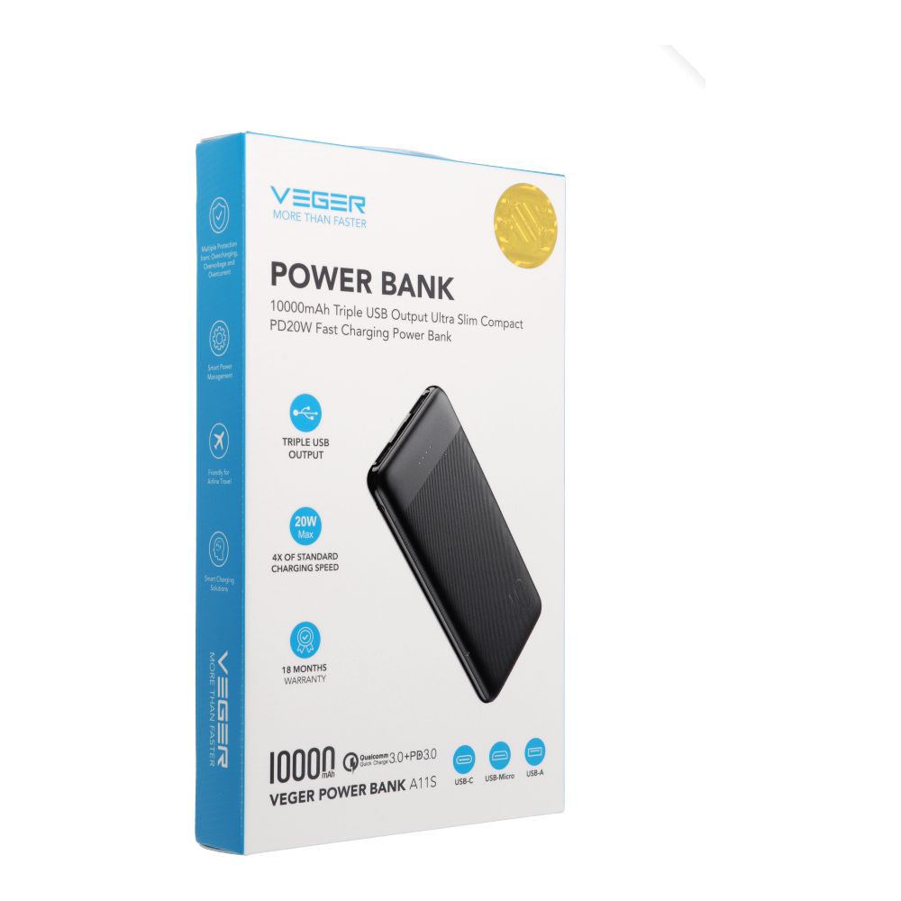 VEGER powerbank 10 000 mAh PD QC3.0 2A 20W A11S (W1133S) fekete-1