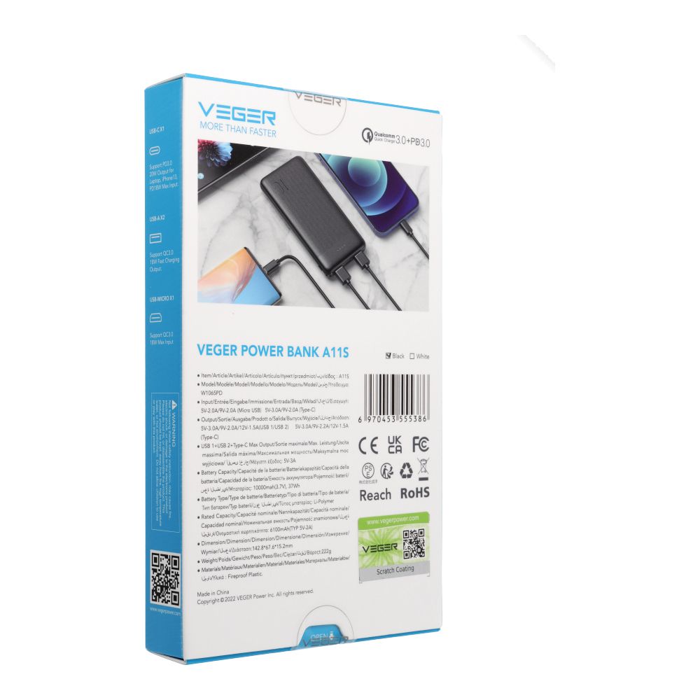 VEGER powerbank 10 000 mAh PD QC3.0 2A 20W A11S (W1133S) fekete-9