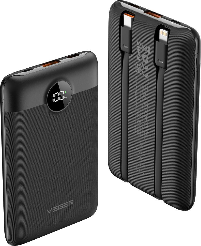 VEGER powerbank 10 000 mAh beépített kábelekkel Type C / Lightning PD QC3.0 2A 22,5W C11 (W1170) fekete-0