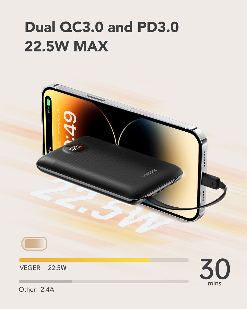 VEGER powerbank 10 000 mAh beépített kábelekkel Type C / Lightning PD QC3.0 2A 22,5W C11 (W1170) fekete-13