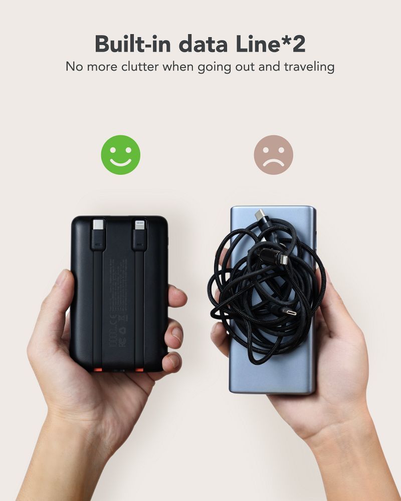 VEGER powerbank 10 000 mAh beépített kábelekkel Type C / Lightning PD QC3.0 2A 22,5W C11 (W1170) fekete-12