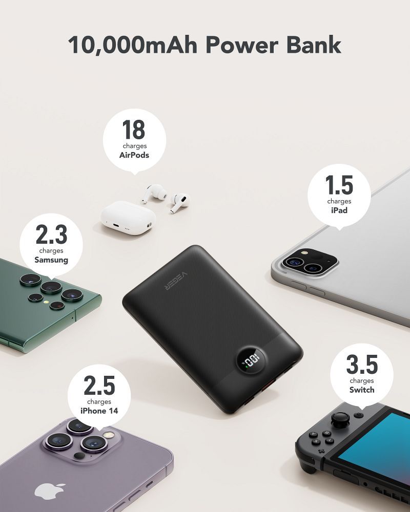 VEGER powerbank 10 000 mAh beépített kábelekkel Type C / Lightning PD QC3.0 2A 22,5W C11 (W1170) fekete-10