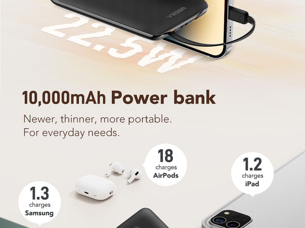 VEGER powerbank 10 000 mAh beépített kábelekkel Type C / Lightning PD QC3.0 2A 22,5W C11 (W1170) fekete-6