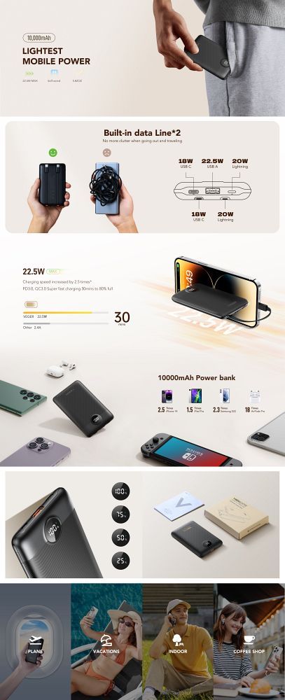 VEGER powerbank 10 000 mAh beépített kábelekkel Type C / Lightning PD QC3.0 2A 22,5W C11 (W1170) fekete-4