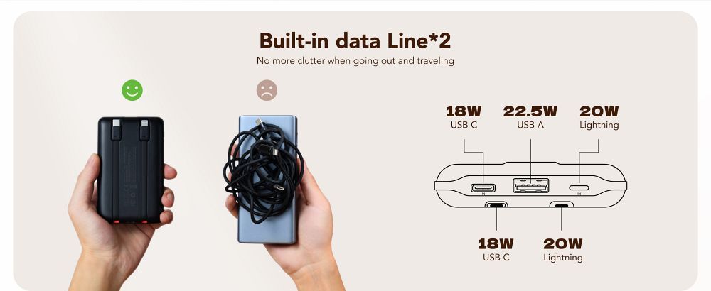 VEGER powerbank 10 000 mAh beépített kábelekkel Type C / Lightning PD QC3.0 2A 22,5W C11 (W1170) fekete-3