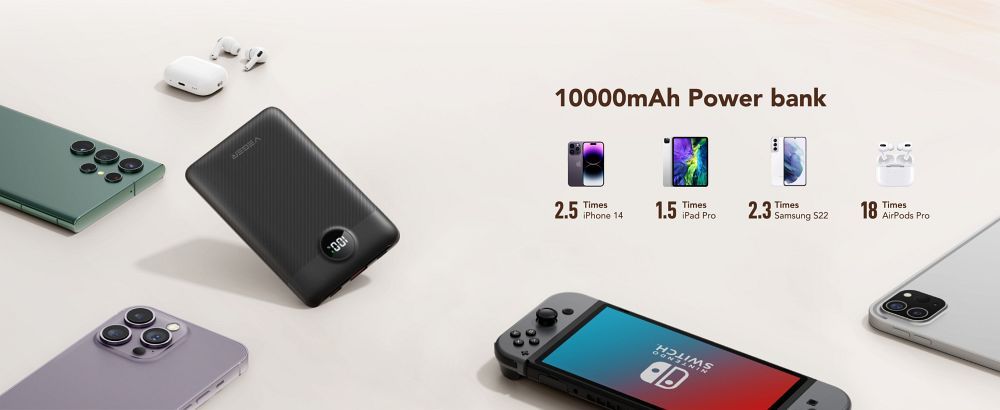 VEGER powerbank 10 000 mAh beépített kábelekkel Type C / Lightning PD QC3.0 2A 22,5W C11 (W1170) fekete-2