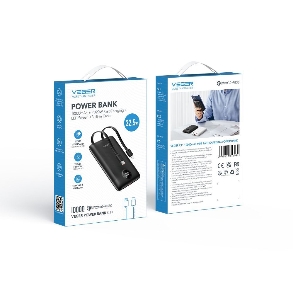 VEGER powerbank 10 000 mAh beépített kábelekkel Type C / Lightning PD QC3.0 2A 22,5W C11 (W1170) fekete-1
