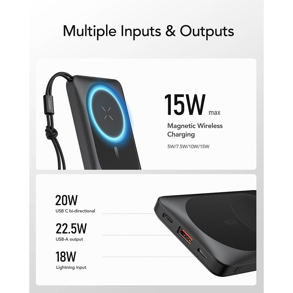 VEGER powerbank 10 000 mAh indukciós töltéssel kompatibilis MagSafe PD QC3.0 2A 20W MagOn (VP1151 / W1151) fekete-2