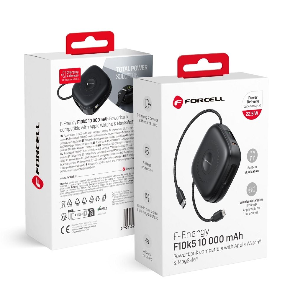 FORCELL F-ENERGY F10K5 powerbank kompatibilis MagSafe PD3.1 QC3.0 3A 22,5W 10000 mAh fekete-0