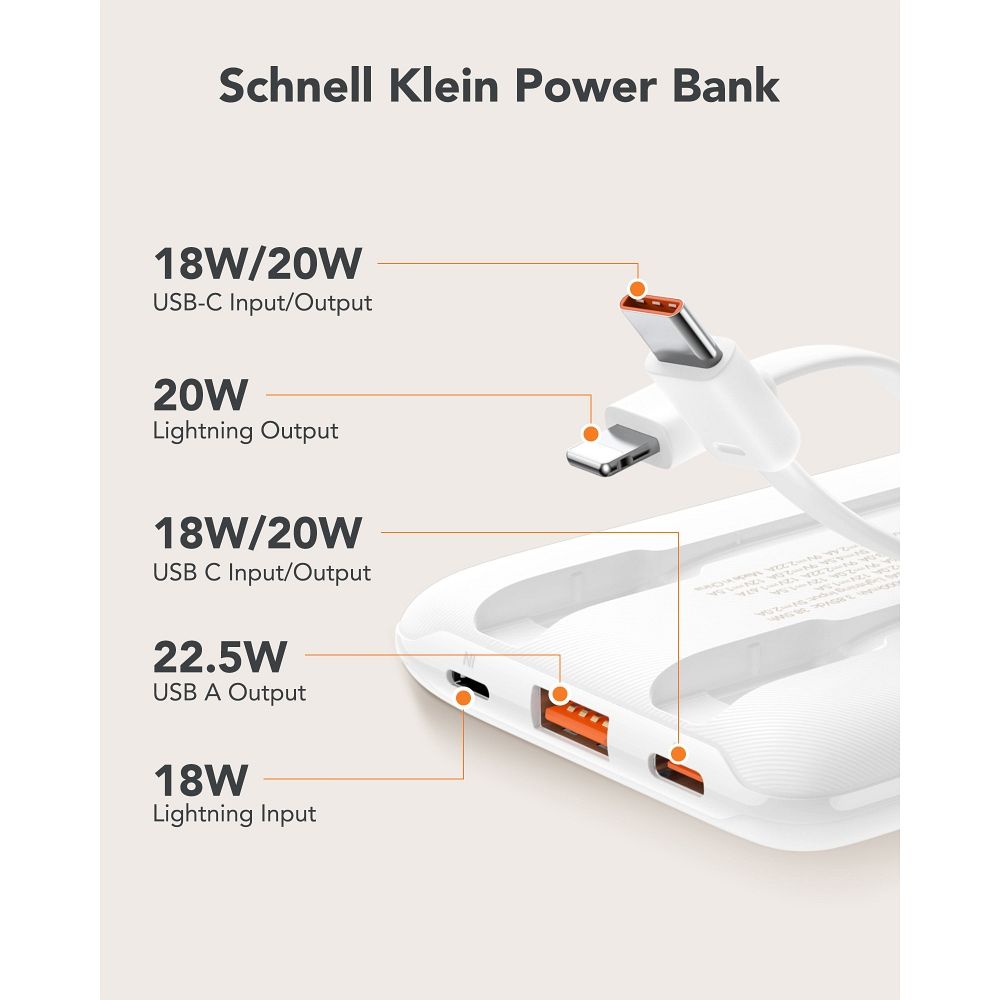 VEGER powerbank 10 000 mAh beépített kábelekkel Type C / Lightning PD QC3.0 2A 22,5W C11C (W1170) fehér-3