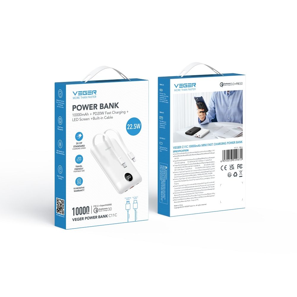 VEGER powerbank 10 000 mAh beépített kábelekkel Type C / Lightning PD QC3.0 2A 22,5W C11C (W1170) fehér-4