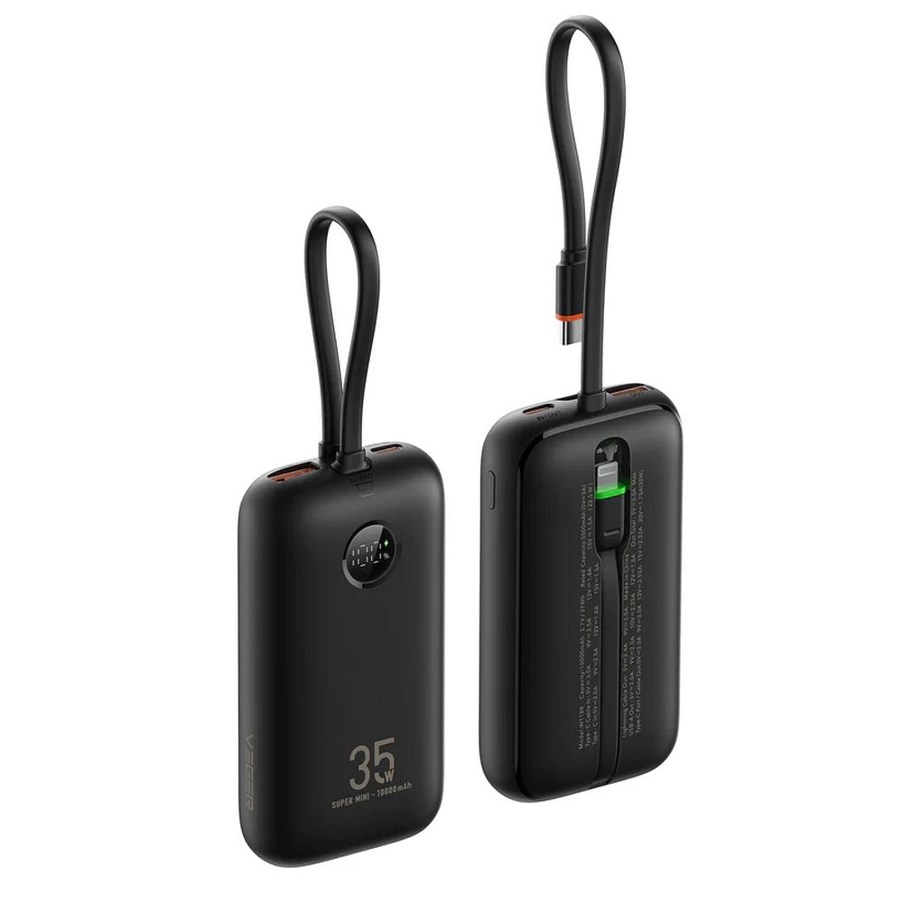 VEGER powerbank 10000 mAh beépített kábelekkel Type C / Lightning PD QC3.0 35W K1 (W1188) fekete-0
