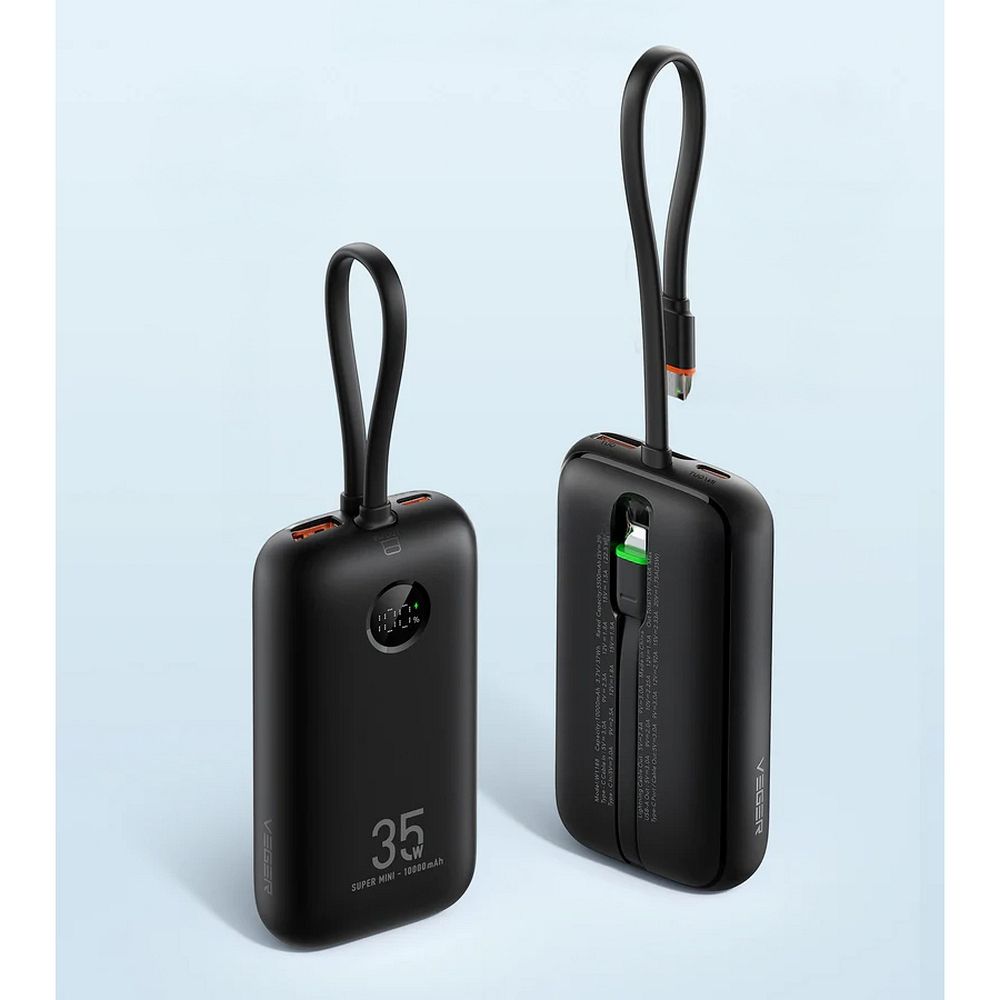 VEGER powerbank 10000 mAh beépített kábelekkel Type C / Lightning PD QC3.0 35W K1 (W1188) fekete-2