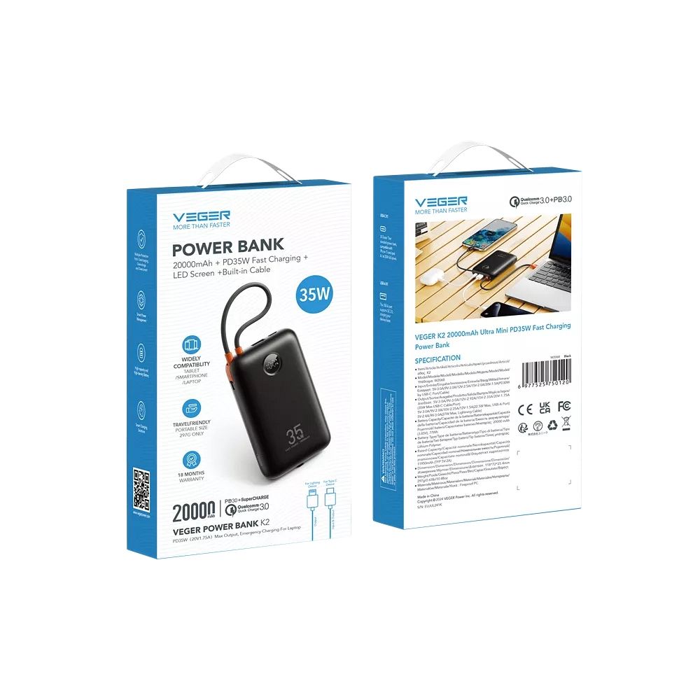VEGER powerbank 20000 mAh beépített kábelekkel Type C / Lightning PD QC3.0 35W K2 (W2068) fekete-12
