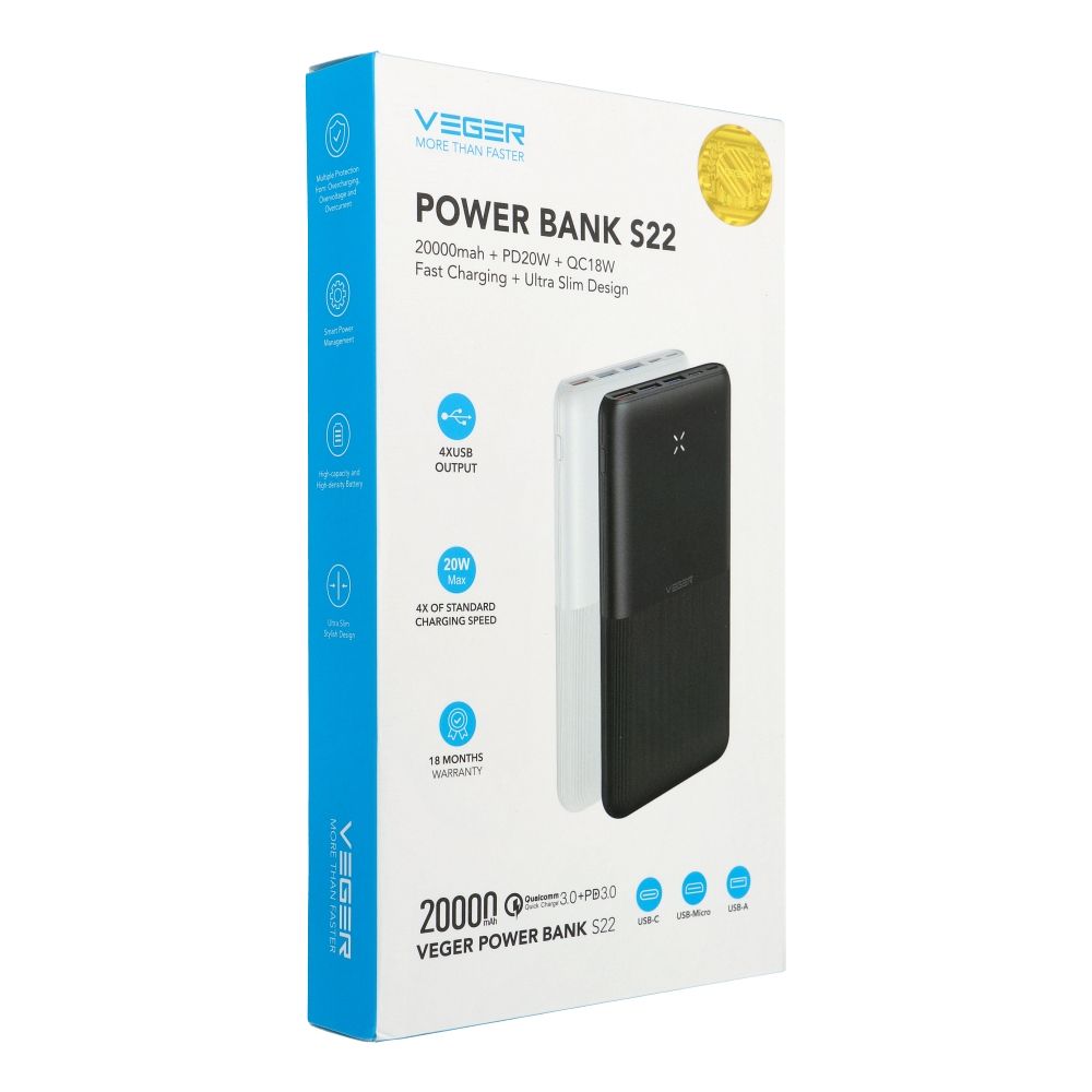 VEGER powerbank 20000 mAh PD QC3.0 3A 20W S22 (W2060) fekete-3