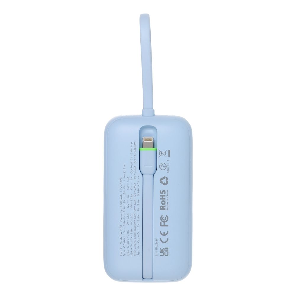 VEGER powerbank 10000 mAh beépített kábelekkel Type C / Lightning PD QC3.0 35W K1 (W1188) égkék-2