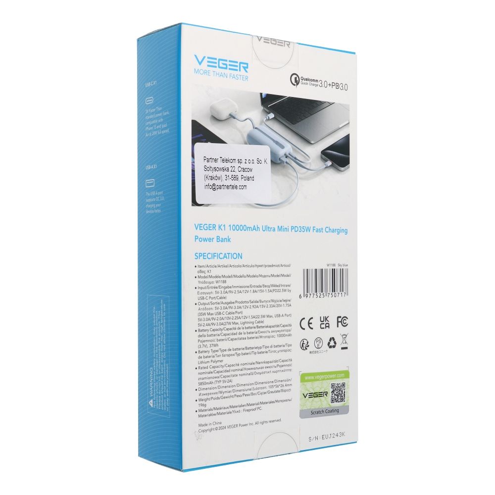 VEGER powerbank 10000 mAh beépített kábelekkel Type C / Lightning PD QC3.0 35W K1 (W1188) égkék-3